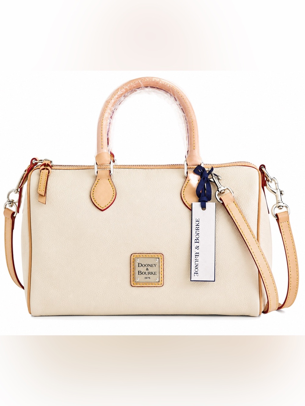 Dooney & Bourke Cream Leather Satchel with Tan Trim and Navy Tag Accent